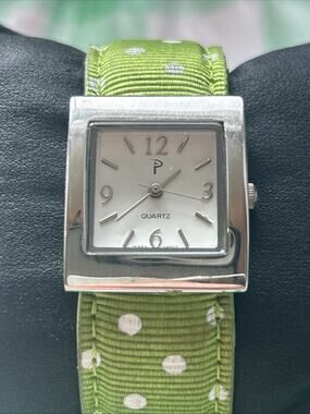 P Silver Tone Green Polka Dot Band Women’s Cuff Watch
